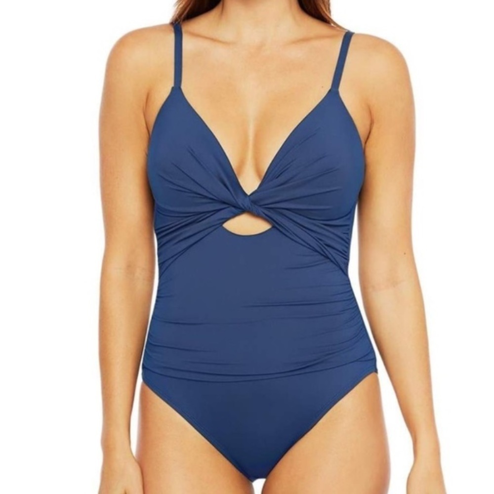 LA BLANCA Island Goddess Twist Keyhole one piece bathing suit adj straps size 16